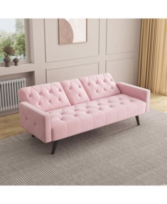 Pink Velvet Sofa Bed with Nailhead Trim & Cup Holders