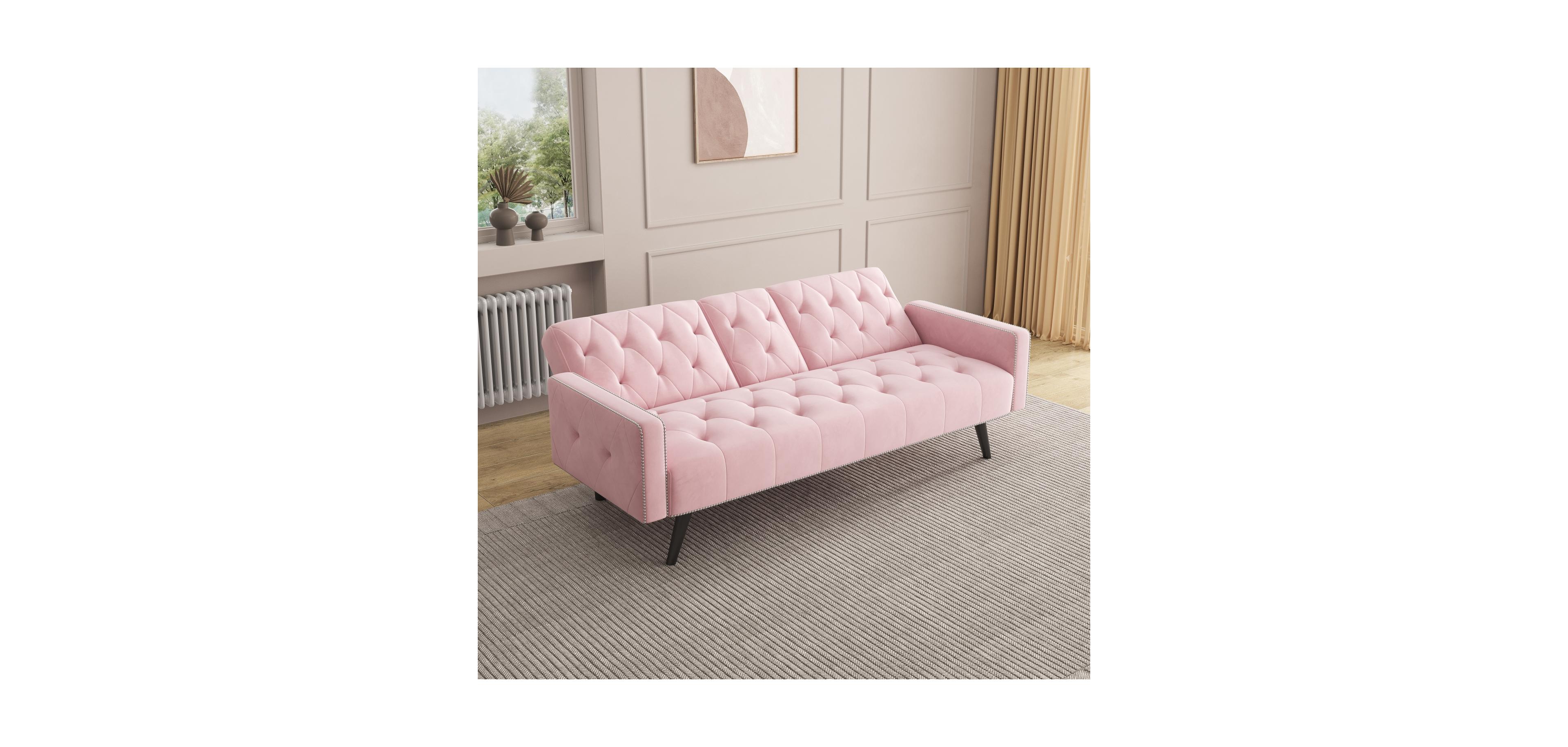 Streamdale Furniture Pink Velvet Sofa Bed with Nailhead Trim & Cup Holders