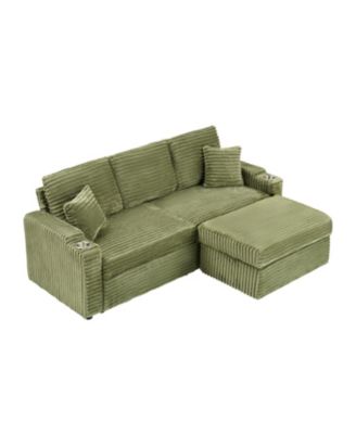80" Corduroy Sofa Bed with Reclining, Footstool, & Cup Holders - Green