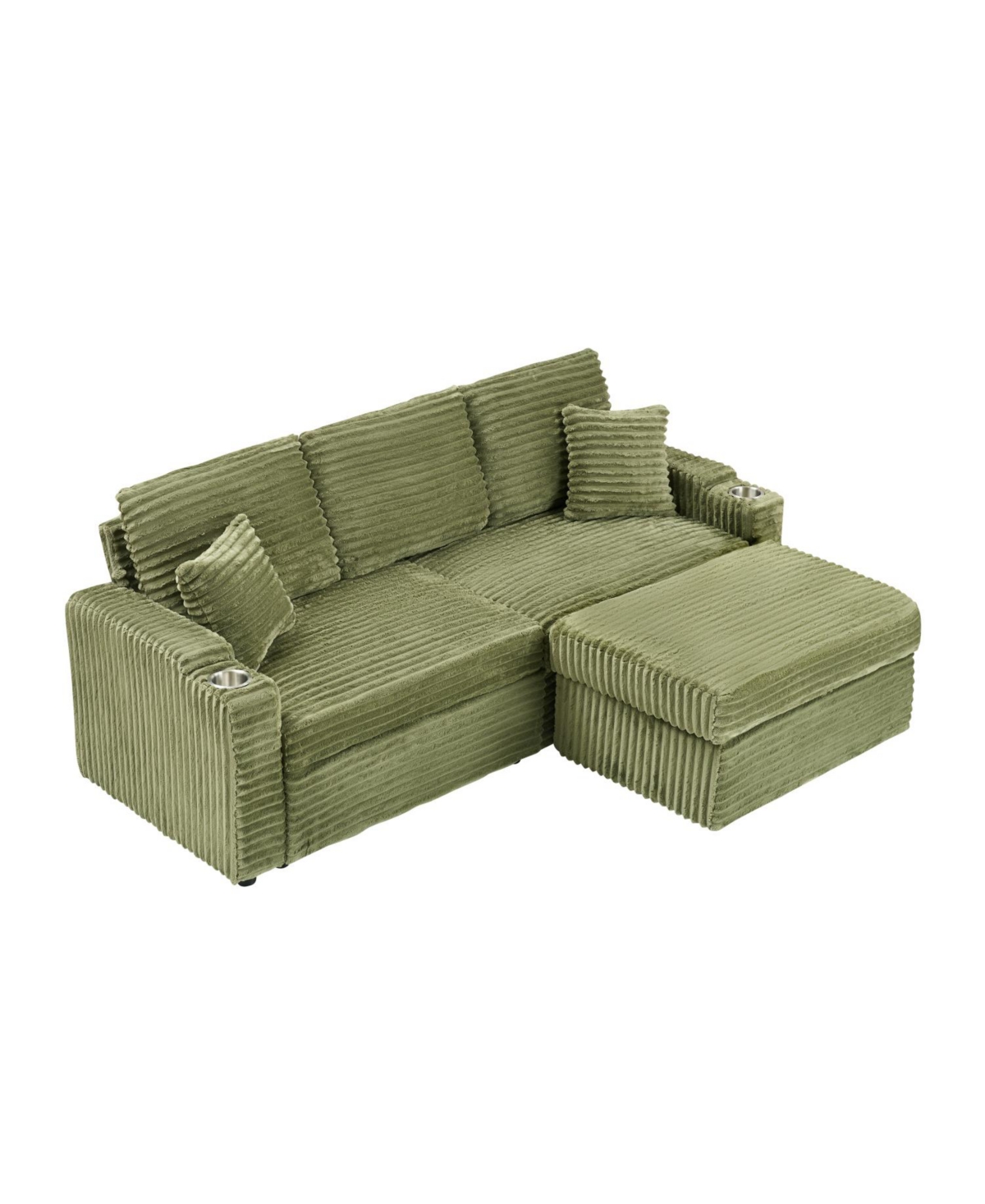 Streamdale Furniture 80" Corduroy Sofa Bed with Reclining, Footstool, & Cup Holders - Green
