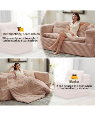 Corduroy Sectional Sofa Bed with Chaise & Blanket