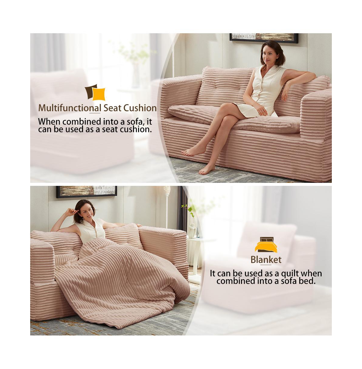 Streamdale Furniture Corduroy Sectional Sofa Bed with Chaise & Blanket