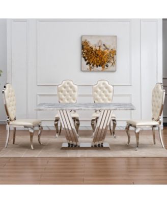 70" Faux Marble Dining Table, Mirrored Base (Silver/Grey)