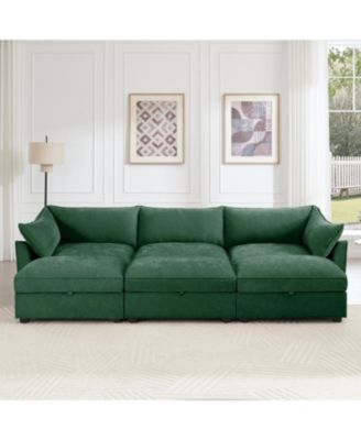 3-Seat Chenille Green Sofa with Ottomans & Storage