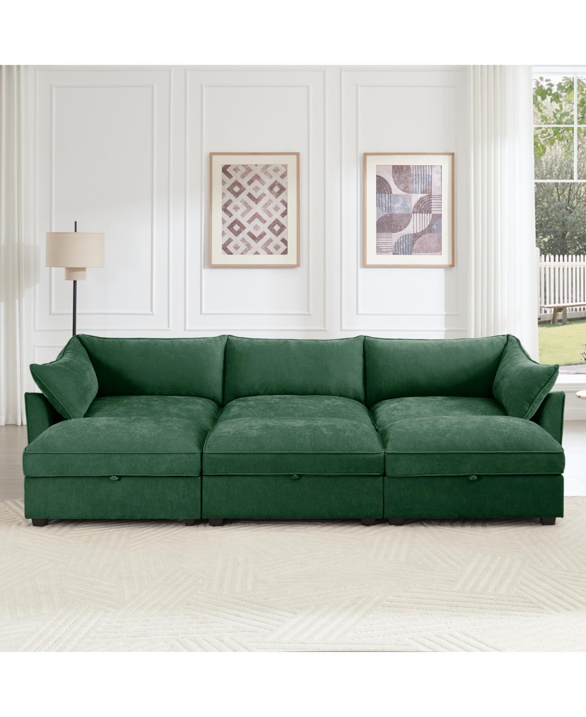 Streamdale Furniture 3-Seat Chenille Green Sofa with Ottomans & Storage