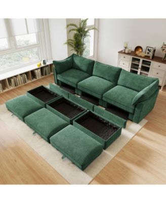 3-Seat Chenille Green Sofa with Ottomans & Storage