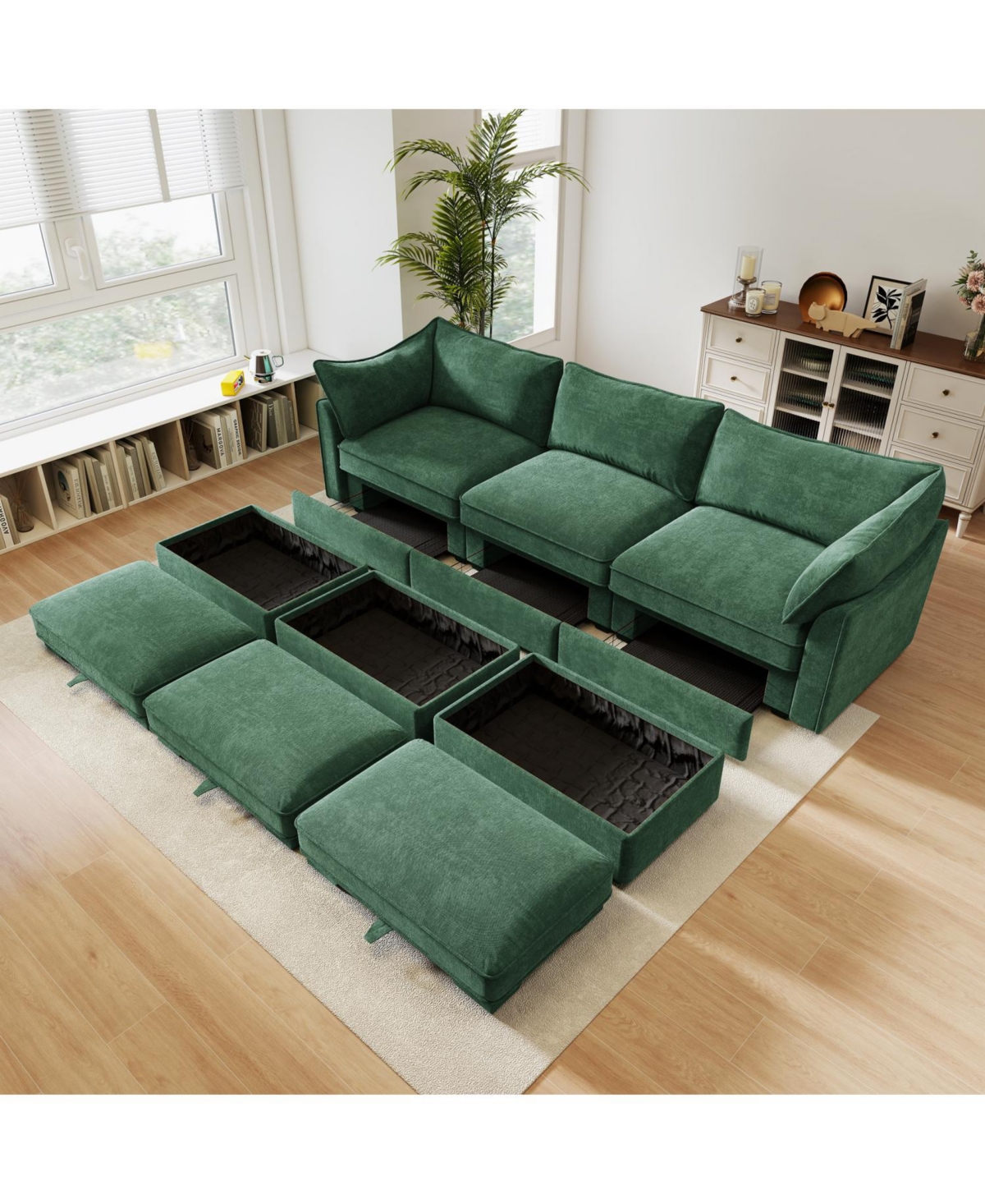 Streamdale Furniture 3-Seat Chenille Green Sofa with Ottomans & Storage