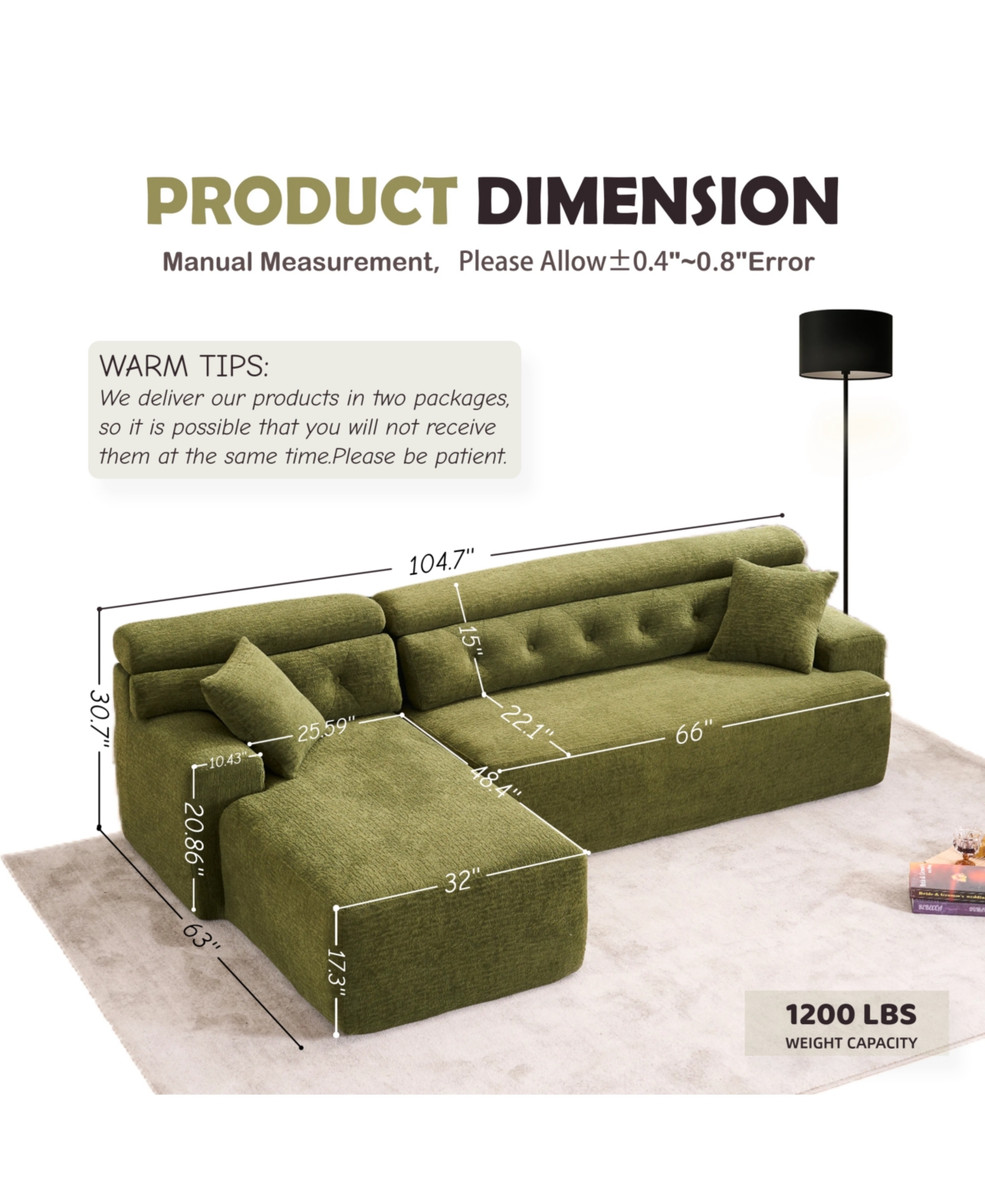 Streamdale Furniture Convertible Chenille Sectional Sofa, Chesterfield Design, 104.7"
