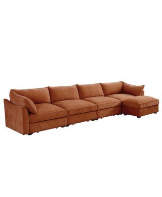 L-Shaped 4-Seat Sectional Sofa w/ Ottoman, Crescent Arms, Chenille Orange