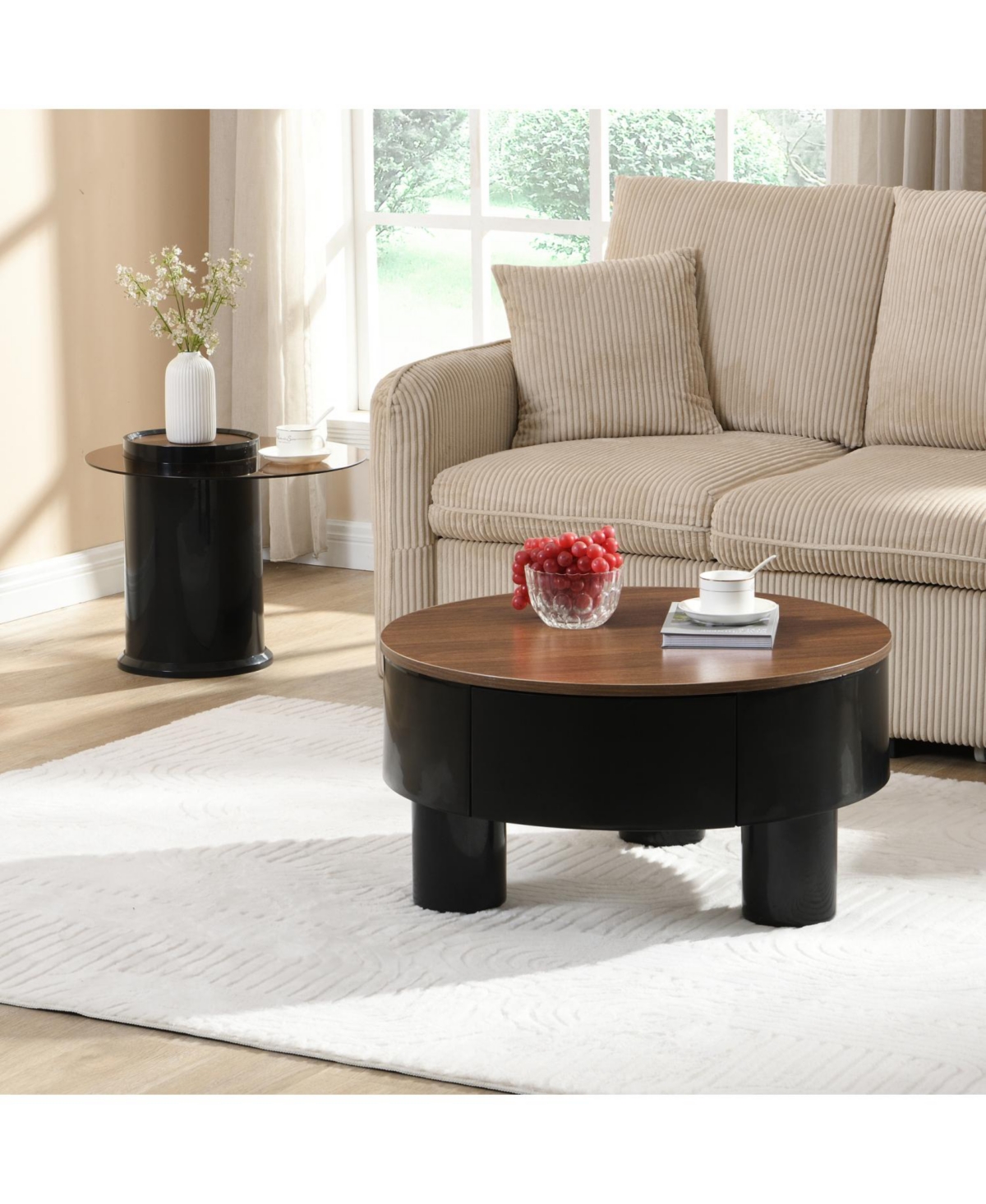 Streamdale Furniture Round Nesting Coffee Table Set w/ Drawer, Black, Large- 27.56", Small- 19.69