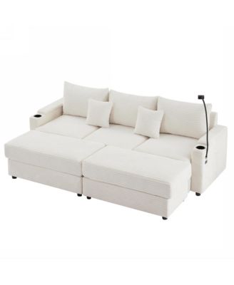 Modern 3-Seater Sofa w/ Storage, Ottomans, USB & Cup Holders – Beige