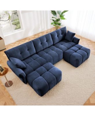 Blue Chenille 3-Seater Sofa Set with Ottoman and Pillows