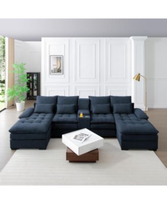130" U-Shaped Sofa with Console, Cupholders, Sleeper & Chaise (Blue)