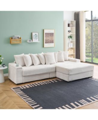 Beige Corduroy Sofa w/ Cupholders, Lockers, Reversible Chaise