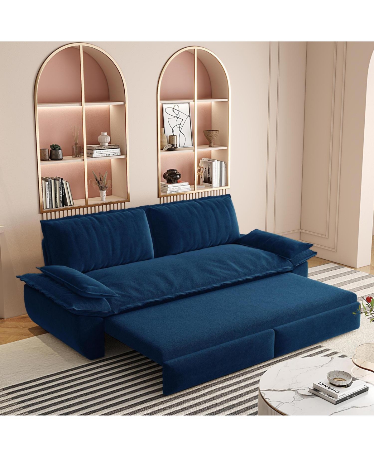 Streamdale Furniture Queen Pull Out Sleeper Sofa Bed - 3-in-1 Convertible Velvet Loveseat, Blue