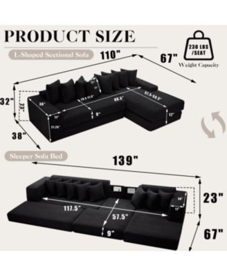 Streamdale Oversize Cloud Sectional Sofa Bed, L-Shape, 8 Pillows, Corduroy, Black (Right Facing)