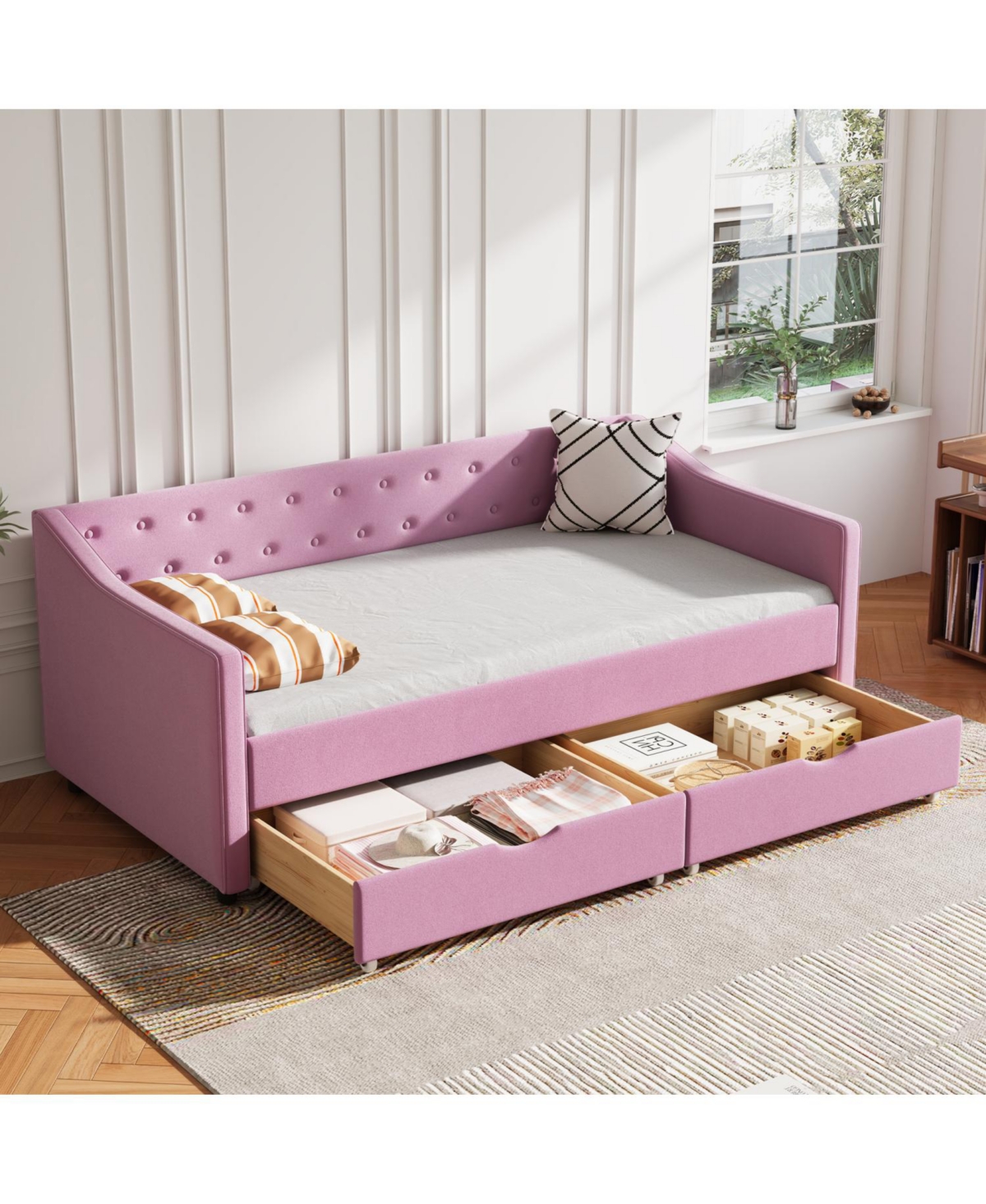 Streamdale Furniture Twin Upholstered Tufted Arms & Storage Drawers Daybed