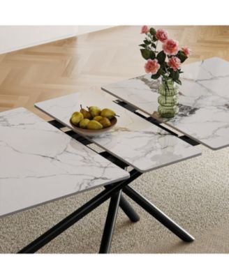 59" Modern Expandable Dining Table, Sintered Stone Top, Black X-Base