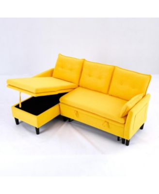  L-Shaped Sectional Sofa w/ Storage - Yellow Cotton-Linen