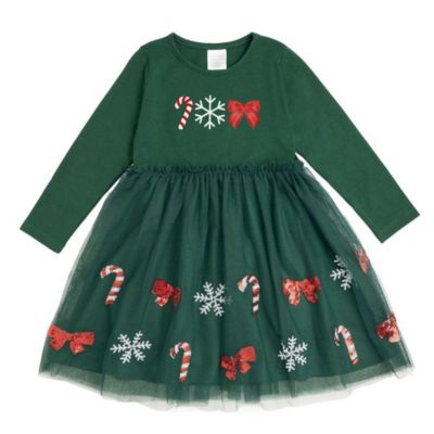 Kid's Little Girl's Emerald Candy Cane Sequin Christmas Long Sleeve Tutu Dress