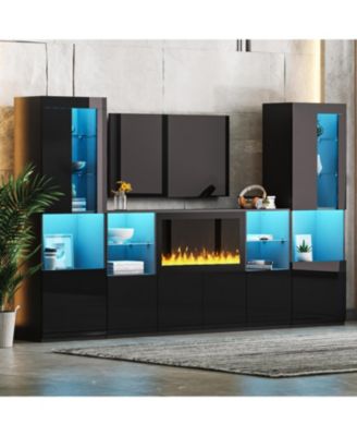 Modern TV Stand with Non-Heating Electric Fireplace, LED Lights, and Tempered Glass Shelves for up to 75" TVs
