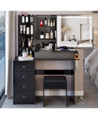 Vanity Table Set with Sliding Mirror, 2 AC+2 USB, Hair Dryer Stand