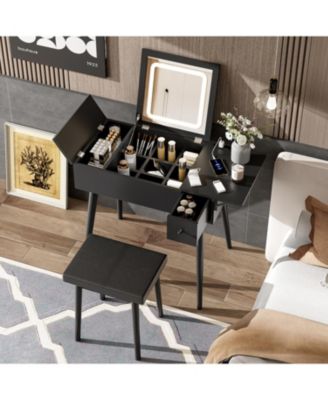 28" Black Vanity Desk with Flip-Top Mirror, LED Light, Charging Station, Drawers, and Stool
