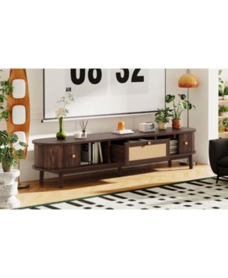 Modern TV Stand for 75" TVs with Rattan Drawer & Cabinets
