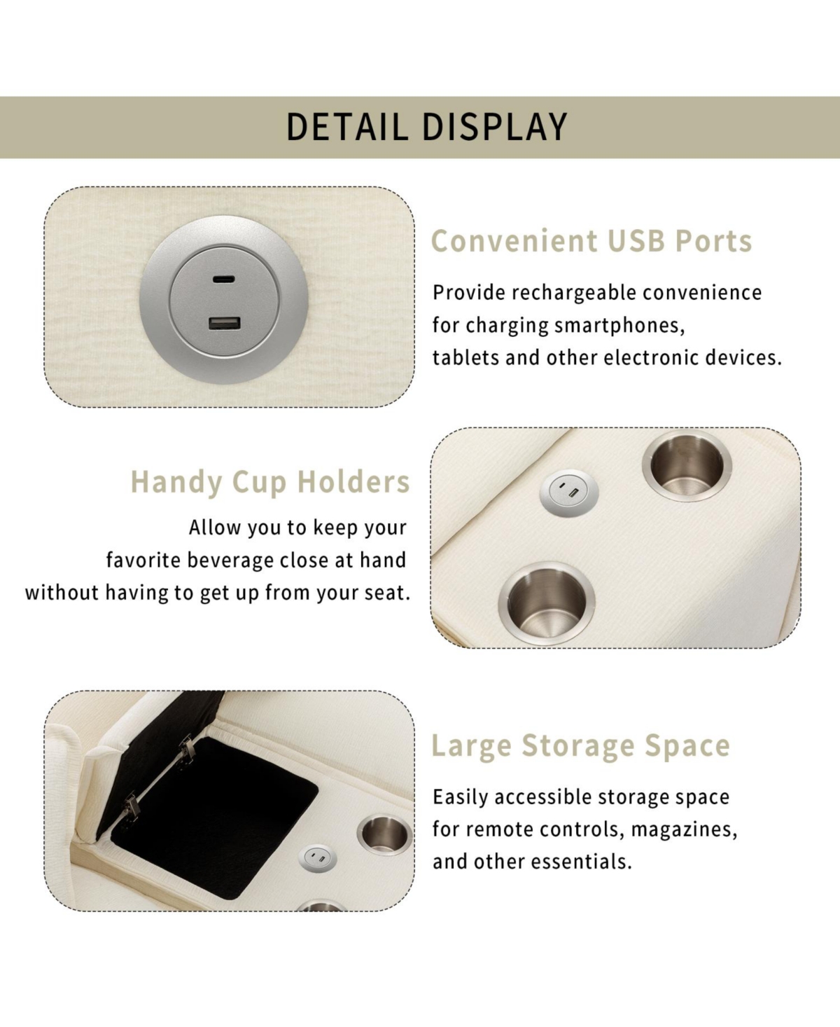 Streamdale Furniture Chenille Sectional Sofa w/Ottomans Usb Cup Holders & Storage