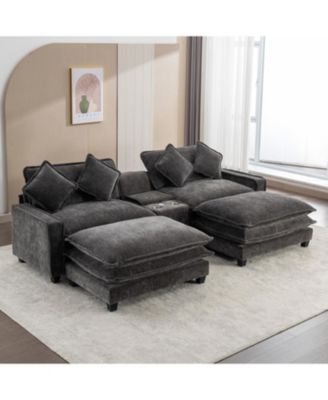 Chenille Sectional Sofa w/Ottomans USB Cup Holders & Storage