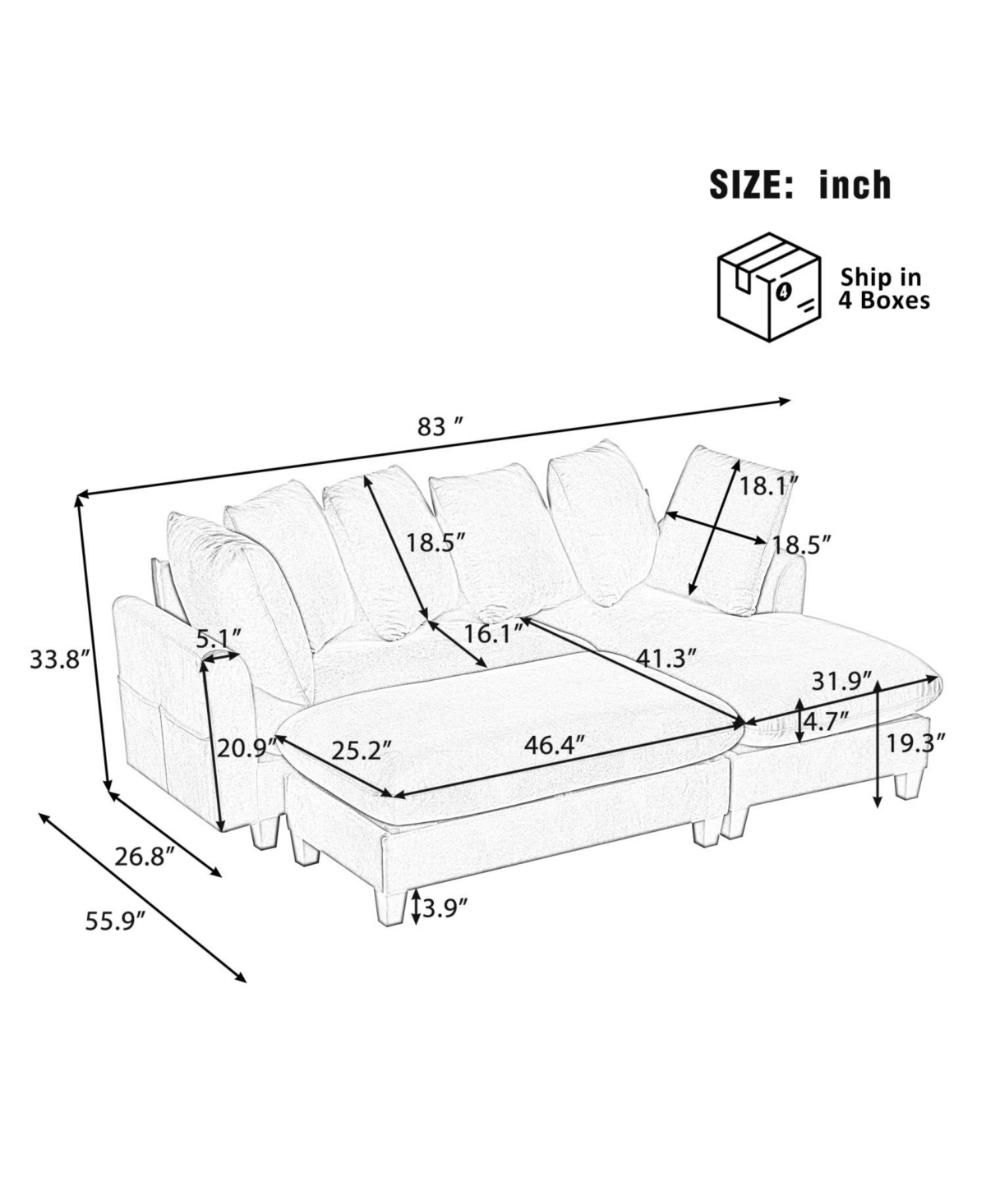 Streamdale Furniture 83" Sectional Sofa with Storage Ottoman & Pillows