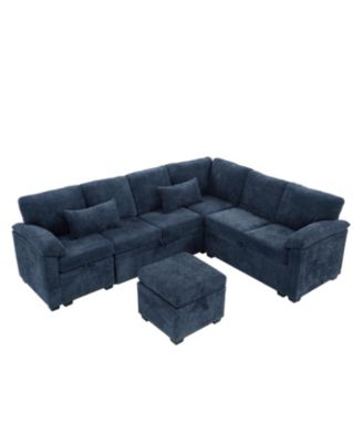 97" L-Shaped Chenille Sectional Sofa with Ottoman - Dark Blue