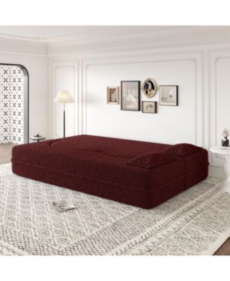 Teddy Fabric Convertible Sleeper Sofa Bed with 2 Pillows - Burgundy