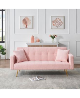 71.7 - inch Pink Teddy Fleece Sofa Bed with Two Complimentary Throw Pillows