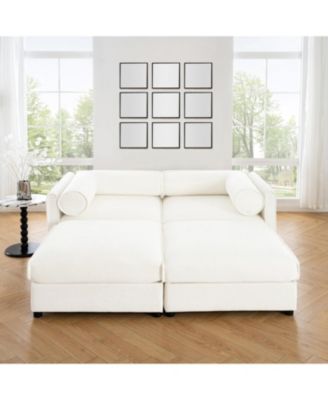 White Chenille 2-Seater Sofa with Storage Ottomans