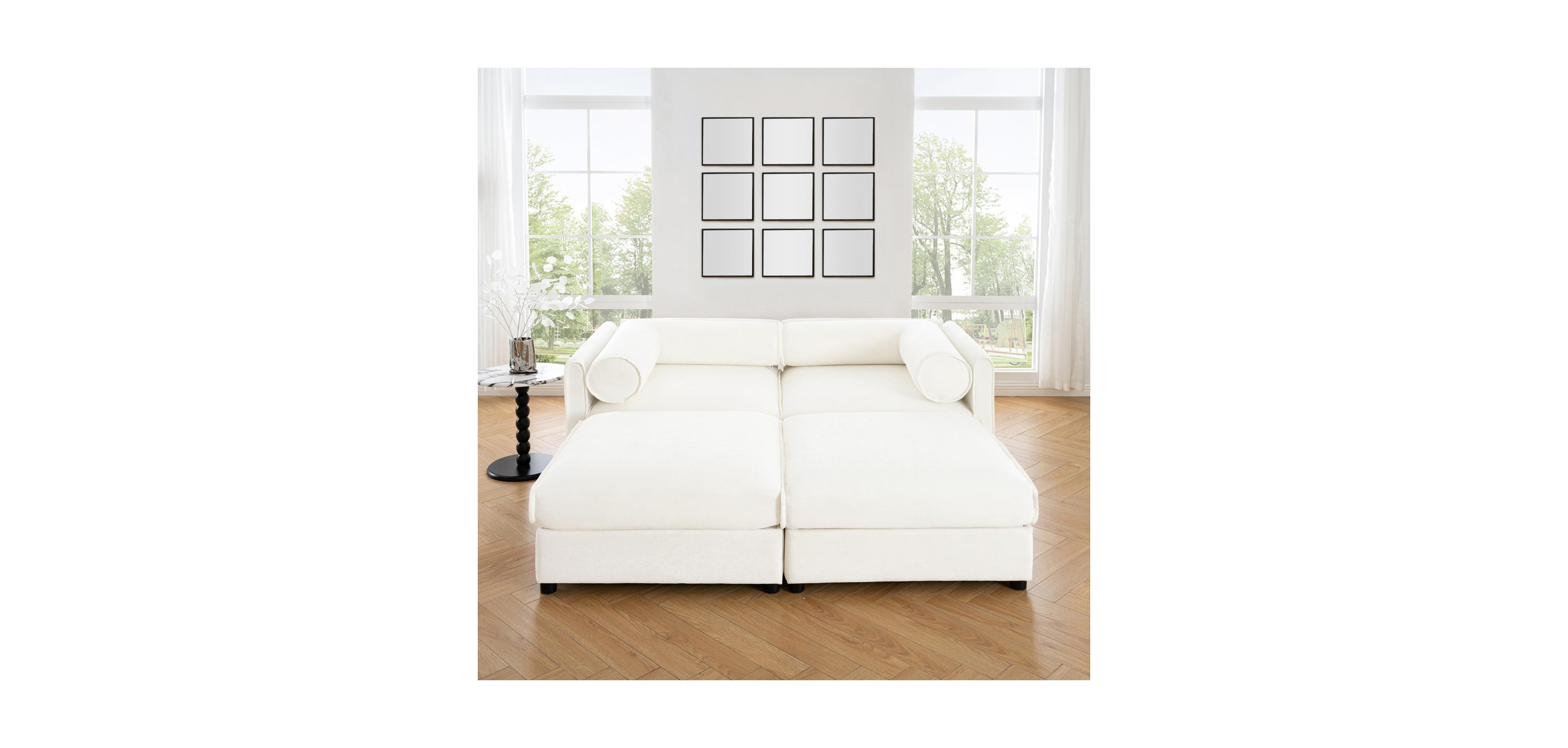 Streamdale Furniture White Chenille 2-Seater Sofa with Storage Ottomans