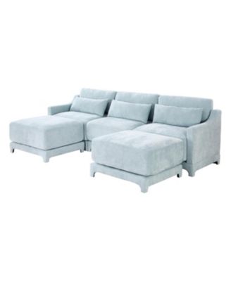 Chenille 3-Seater Sofa with Ottomans & Pillow - Sky Blue