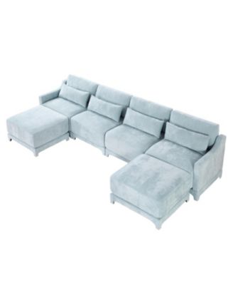 Sky Blue Chenille 4-Seater Sofa with Ottoman
