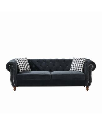 87" Chesterfield Velvet Sofa, Roll Arm, Nailhead Trim, 3 Seater