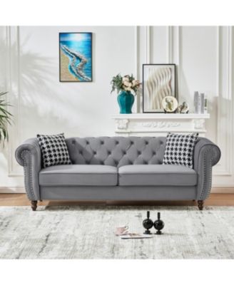 Streamdale Chesterfield Velvet Sofa Set, Roll Arm, Nailhead Trim, Gray