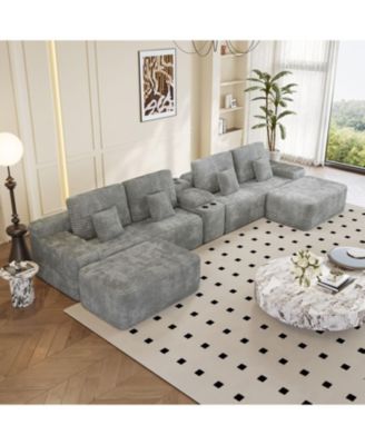  150" Sectional Sofa with 2 Ottomans, Light Grey Corduroy
