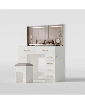 46" Glass Top Vanity Desk with Mirror, Stool, Power Outlet