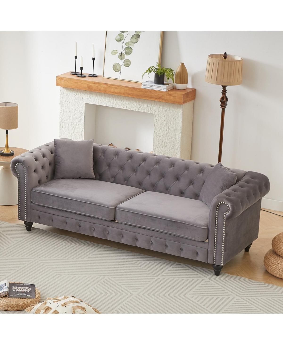 Streamdale Furniture Velvet Chesterfield Sofa 85.5" Rolled Arms 3 Seater Button Design + 2 Cushions