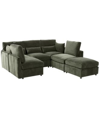 Modern Sectional Sofa U-shaped Couch with Ottoman, USB & Phone Holder - Green