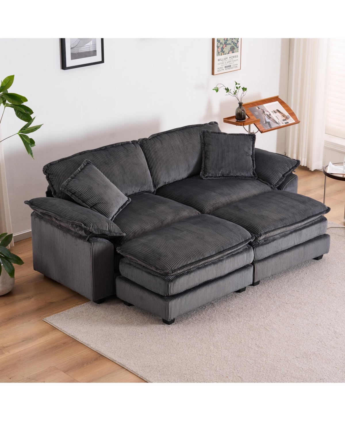 Streamdale Furniture Corduroy 2-Seat Sofa w/ Pillows & Ottomans