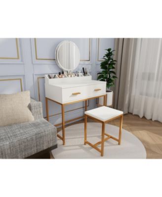 Streamdale White & Gold Vanity Set with Mirror, Stool, Drawers & Organizer