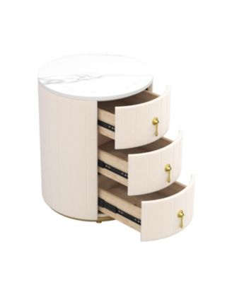 Upholstered Nightstand 2 Set, 3 Drawers, Round, Beige