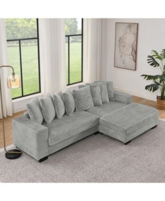 Corduroy Tufted Sleeper Sectional Sofa, L-Shaped Modular Convertible - Gray