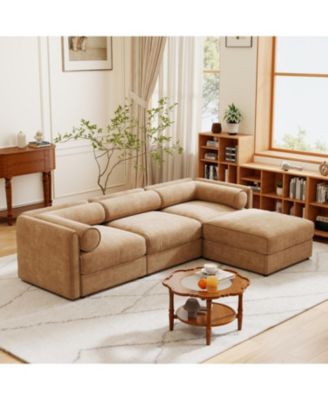 Streamdale Camel Chenille Sofa with Storage Ottoman, L-Shaped 3-Seater Couch