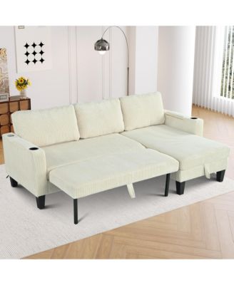 Reversible Corduroy Sectional Sofa with Storage Chaise & USB